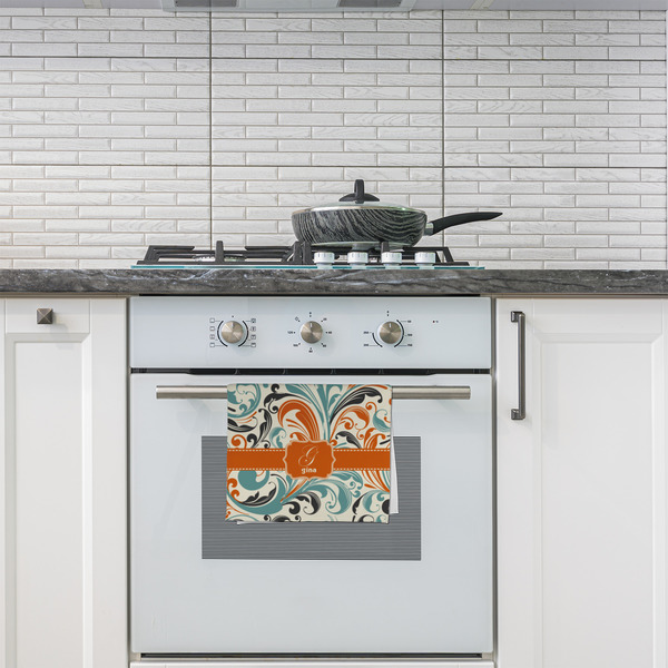 Orange & Blue Leafy Swirls Kitchen Towel - Poly Cotton - Lifestyle