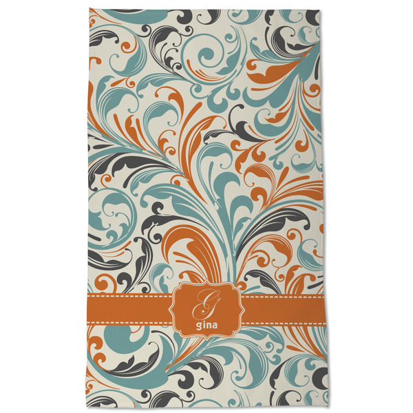 Orange & Blue Leafy Swirls Kitchen Towel - Poly Cotton - Full Front