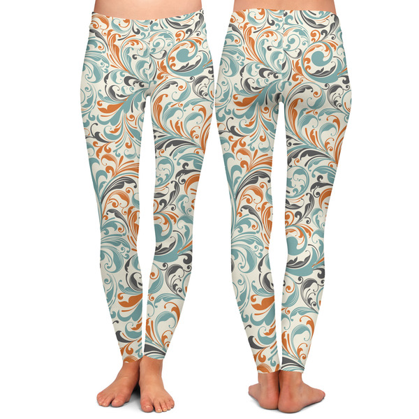 Orange & Blue Leafy Swirls Ladies Leggings - Front and Back