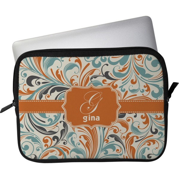 Custom Orange & Blue Leafy Swirls Laptop Sleeve / Case (Personalized)