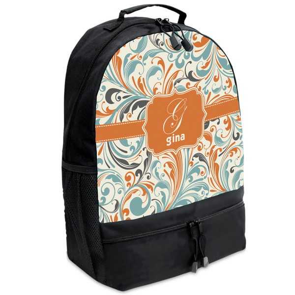 Custom Orange & Blue Leafy Swirls Backpacks - Black (Personalized)