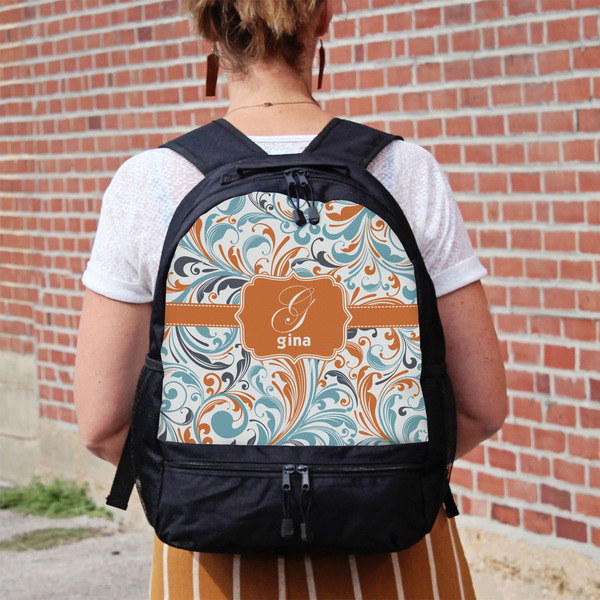 Orange & Blue Leafy Swirls Large Backpack - Black - On Back