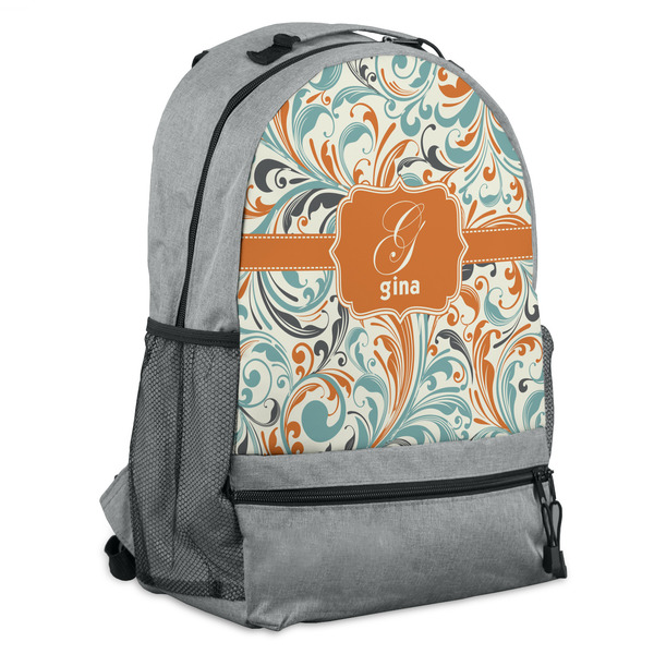 Custom Orange & Blue Leafy Swirls Backpack - Grey (Personalized)