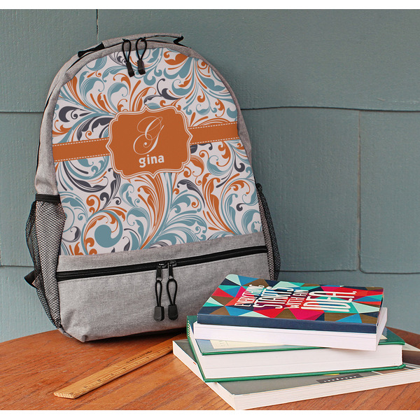Orange & Blue Leafy Swirls Large Backpack - Gray - On Desk
