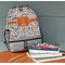 Orange & Blue Leafy Swirls Large Backpack - Gray - On Desk