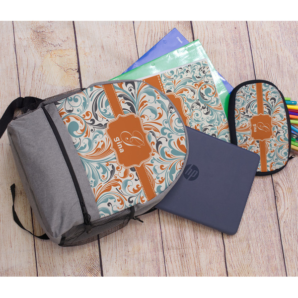 Orange & Blue Leafy Swirls Large Backpack - Gray - With Stuff