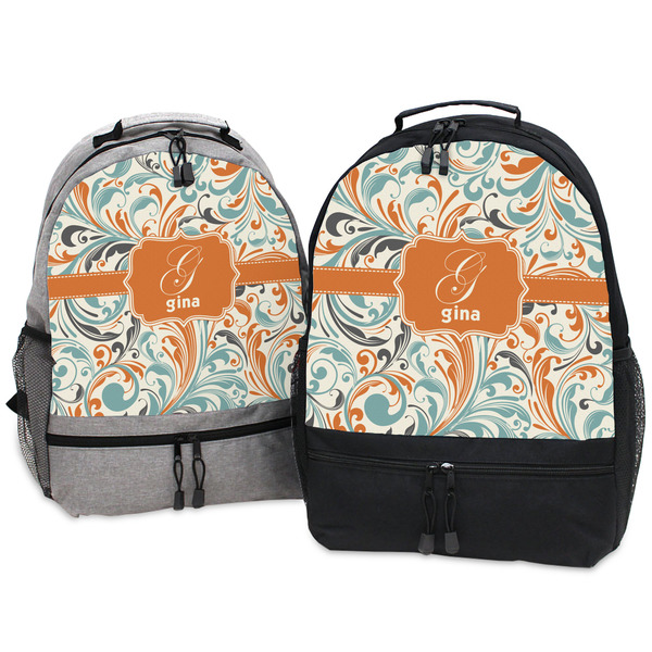 Orange & Blue Leafy Swirls Large Backpacks - Both