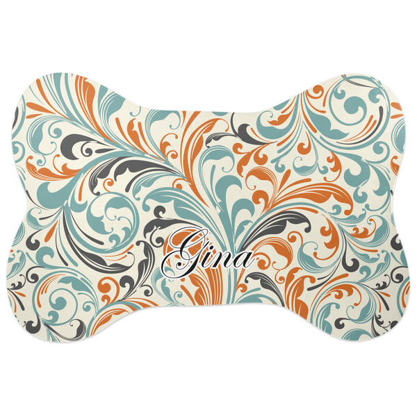 Custom Orange & Blue Leafy Swirls Bone Shaped Dog Food Mat (Large) (Personalized)