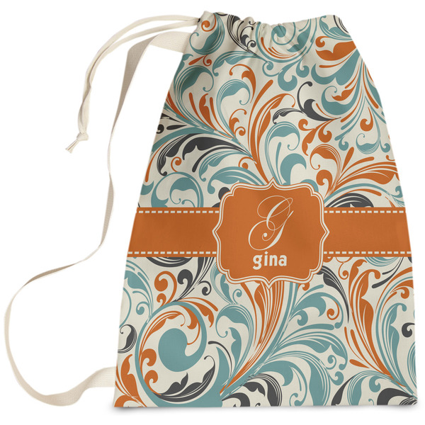 Custom Orange & Blue Leafy Swirls Laundry Bag - Large (Personalized)