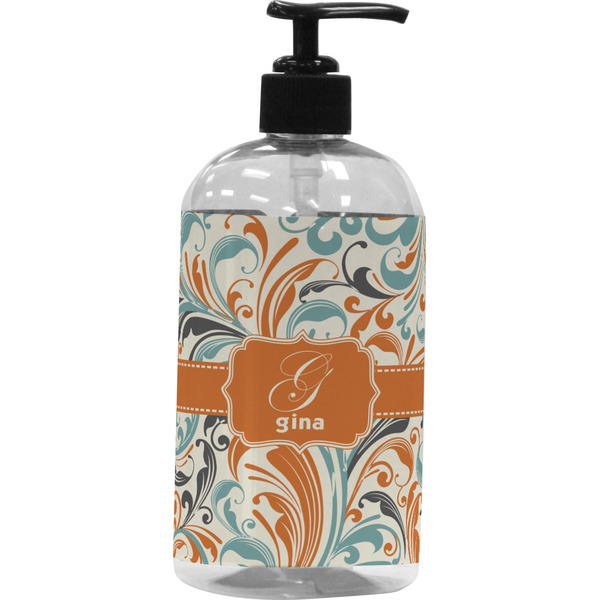 Custom Orange & Blue Leafy Swirls Plastic Soap / Lotion Dispenser (16 oz - Large - Black) (Personalized)