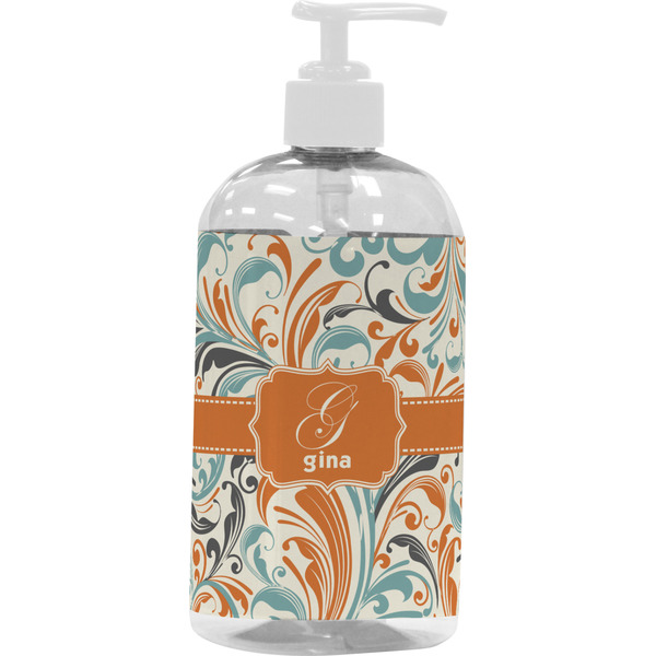 Custom Orange & Blue Leafy Swirls Plastic Soap / Lotion Dispenser (16 oz - Large - White) (Personalized)