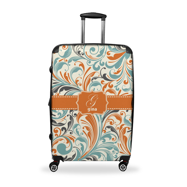 Custom Orange & Blue Leafy Swirls Suitcase - 28" Large - Checked w/ Name and Initial