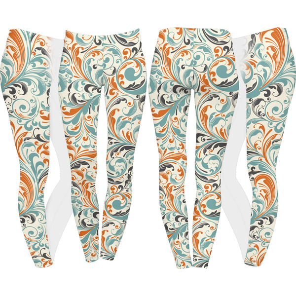 Orange & Blue Leafy Swirls Leggings Turn Around - Apvl
