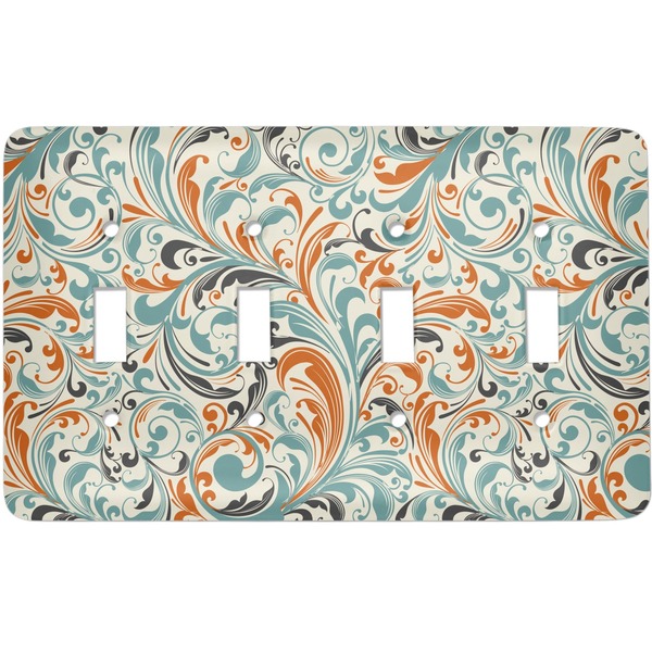 Custom Orange & Blue Leafy Swirls Light Switch Cover (4 Toggle Plate)