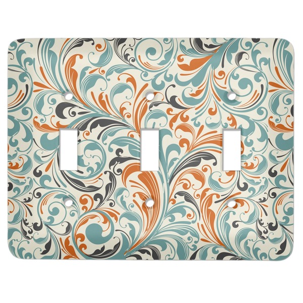 Custom Orange & Blue Leafy Swirls Light Switch Cover (3 Toggle Plate)