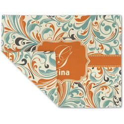 Orange & Blue Leafy Swirls Double-Sided Linen Placemat - Single w/ Name and Initial