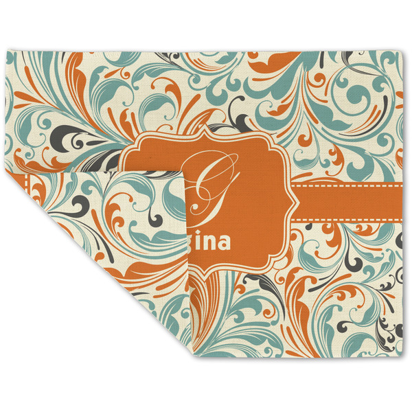 Orange & Blue Leafy Swirls Linen Placemat - Folded Corner (double side)