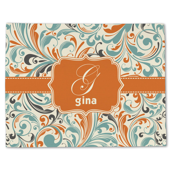 Custom Orange & Blue Leafy Swirls Single-Sided Linen Placemat - Single w/ Name and Initial