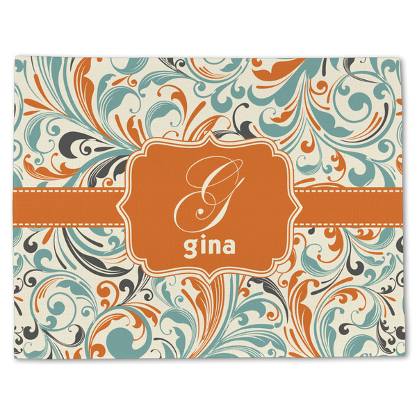 Orange & Blue Leafy Swirls Linen Placemat - Front