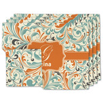 Orange & Blue Leafy Swirls Double-Sided Linen Placemat - Set of 4 w/ Name and Initial