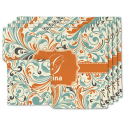 Orange & Blue Leafy Swirls Linen Placemat w/ Name and Initial