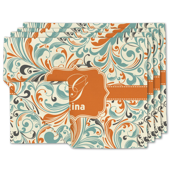 Custom Orange & Blue Leafy Swirls Double-Sided Linen Placemat - Set of 4 w/ Name and Initial