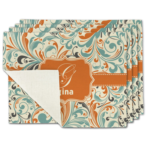 Custom Orange & Blue Leafy Swirls Single-Sided Linen Placemat - Set of 4 w/ Name and Initial