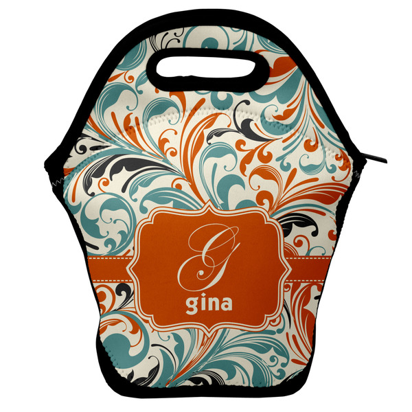 Custom Orange & Blue Leafy Swirls Lunch Bag w/ Name and Initial