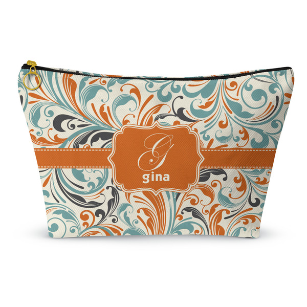 Custom Orange & Blue Leafy Swirls Makeup Bag (Personalized)
