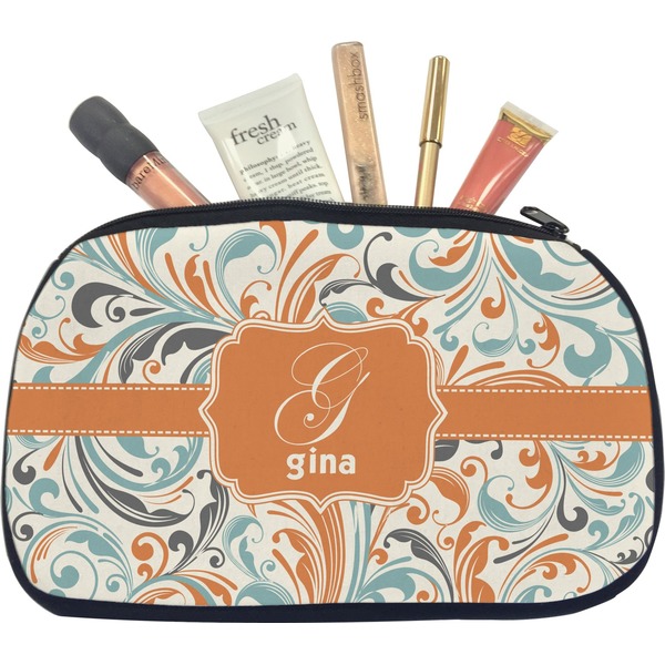 Custom Orange & Blue Leafy Swirls Makeup / Cosmetic Bag - Medium (Personalized)