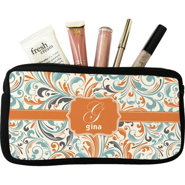 Custom Orange & Blue Leafy Swirls Makeup / Cosmetic Bag (Personalized)