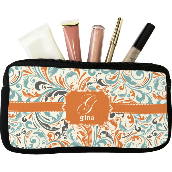 Custom Orange & Blue Leafy Swirls Makeup / Cosmetic Bag (Personalized)