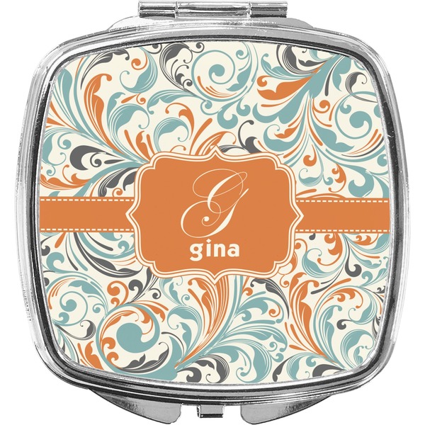Custom Orange & Blue Leafy Swirls Compact Makeup Mirror (Personalized)