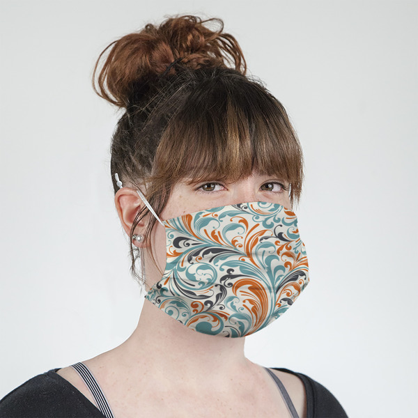 Orange & Blue Leafy Swirls Mask - Quarter View on Girl