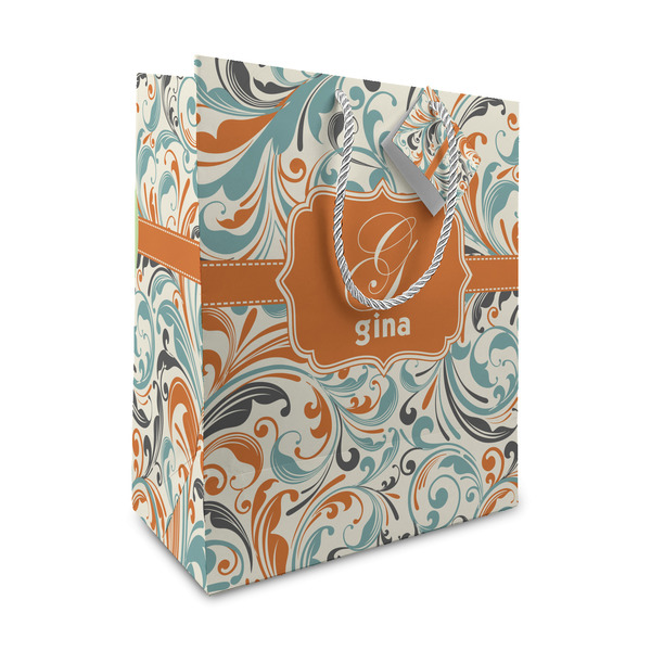 Custom Orange & Blue Leafy Swirls Medium Gift Bag (Personalized)