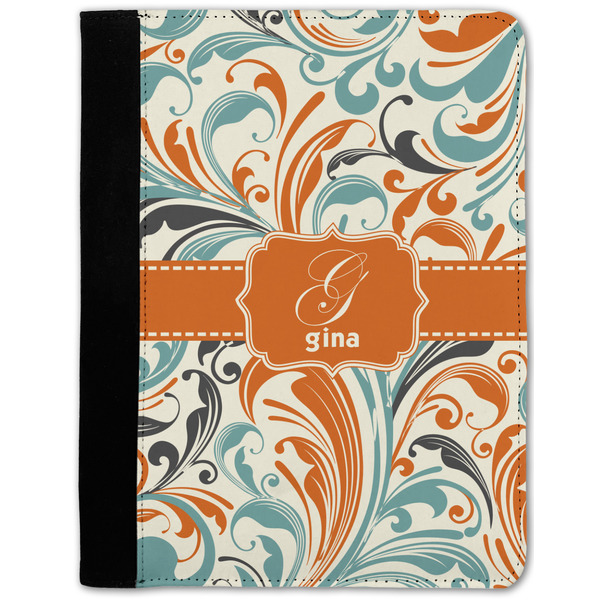 Custom Orange & Blue Leafy Swirls Notebook Padfolio w/ Name and Initial