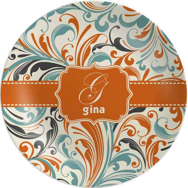 Custom Orange & Blue Leafy Swirls Melamine Plate (Personalized)