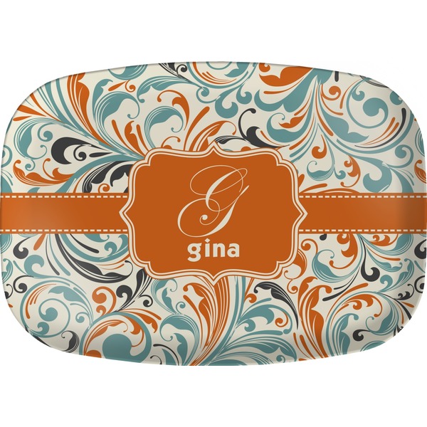 Custom Orange & Blue Leafy Swirls Melamine Platter (Personalized)