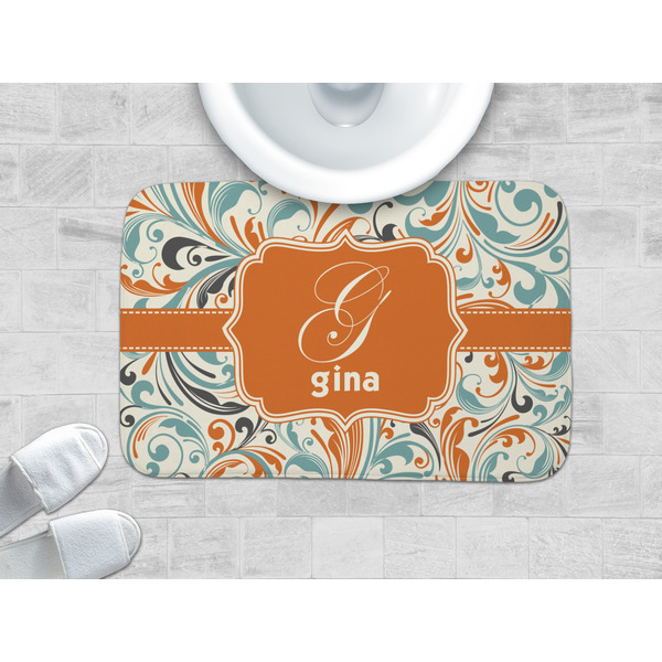 Orange & Blue Leafy Swirls Memory Foam Bath Mat - LIFESTYLE 34x21