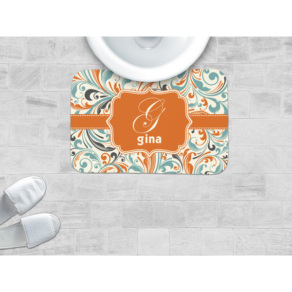 Orange & Blue Leafy Swirls Memory Foam Bath Mat - LIFESTYLE