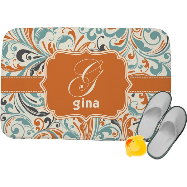 Custom Orange & Blue Leafy Swirls Memory Foam Bath Mat - 34"x21" (Personalized)