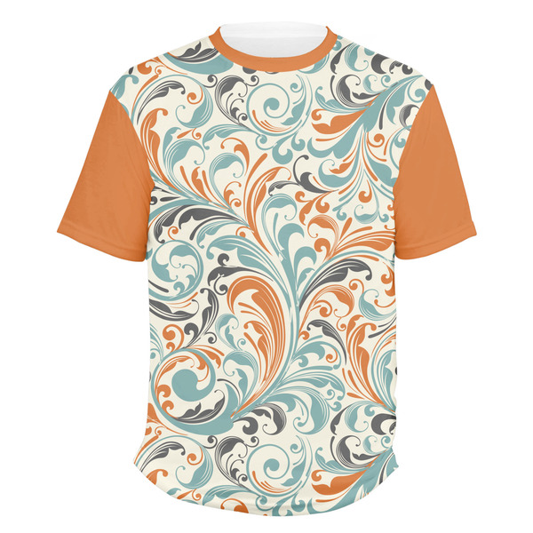 Custom Orange & Blue Leafy Swirls Men's Crew T-Shirt - Medium