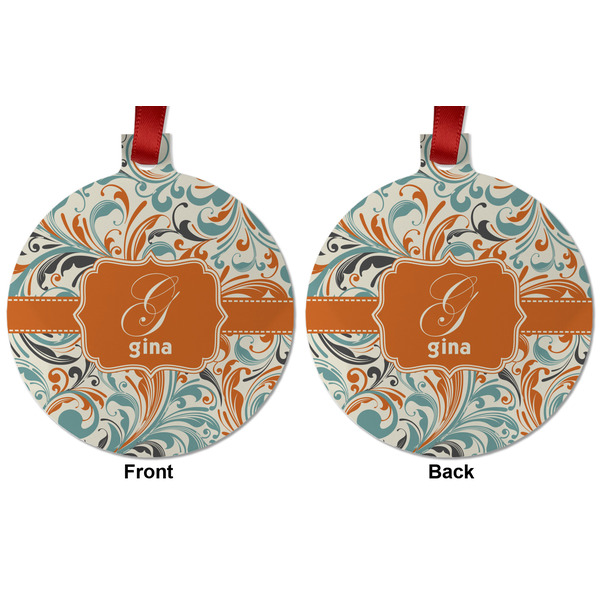 Orange & Blue Leafy Swirls Metal Ball Ornament - Front and Back