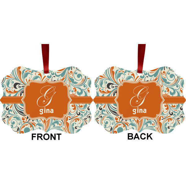 Orange & Blue Leafy Swirls Metal Benilux Ornament - Front and Back (APPROVAL)