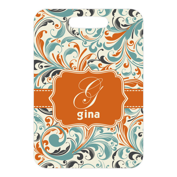Orange & Blue Leafy Swirls Metal Luggage Tag - Front Without Strap