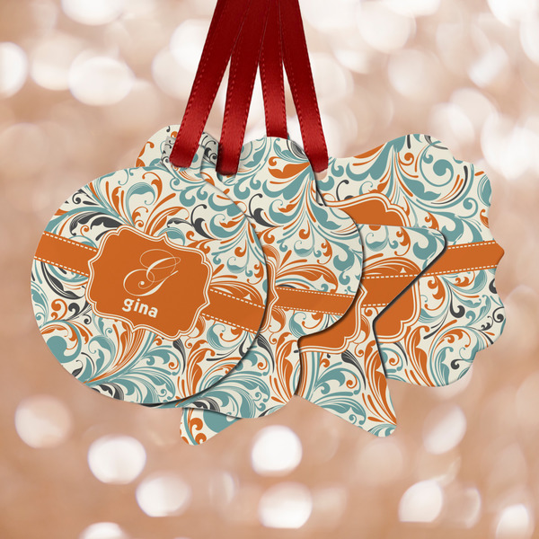 Custom Orange & Blue Leafy Swirls Metal Ornaments - Double Sided w/ Name and Initial