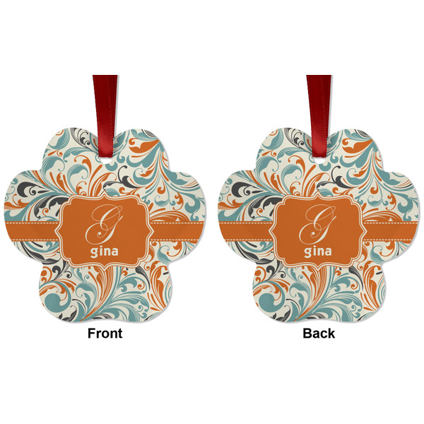 Orange & Blue Leafy Swirls Metal Paw Ornament - Front and Back