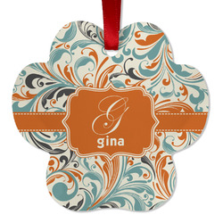 Orange & Blue Leafy Swirls Metal Paw Ornament - Double Sided w/ Name and Initial