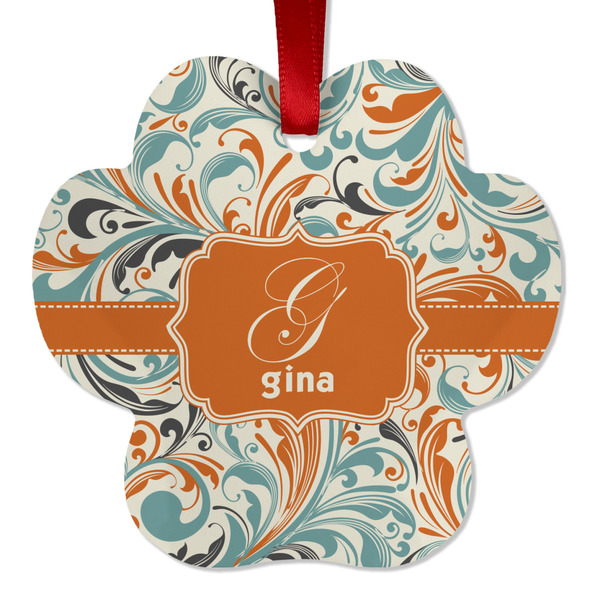 Custom Orange & Blue Leafy Swirls Metal Paw Ornament - Double Sided w/ Name and Initial