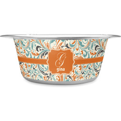 Orange & Blue Leafy Swirls Stainless Steel Dog Bowl - Large (Personalized)